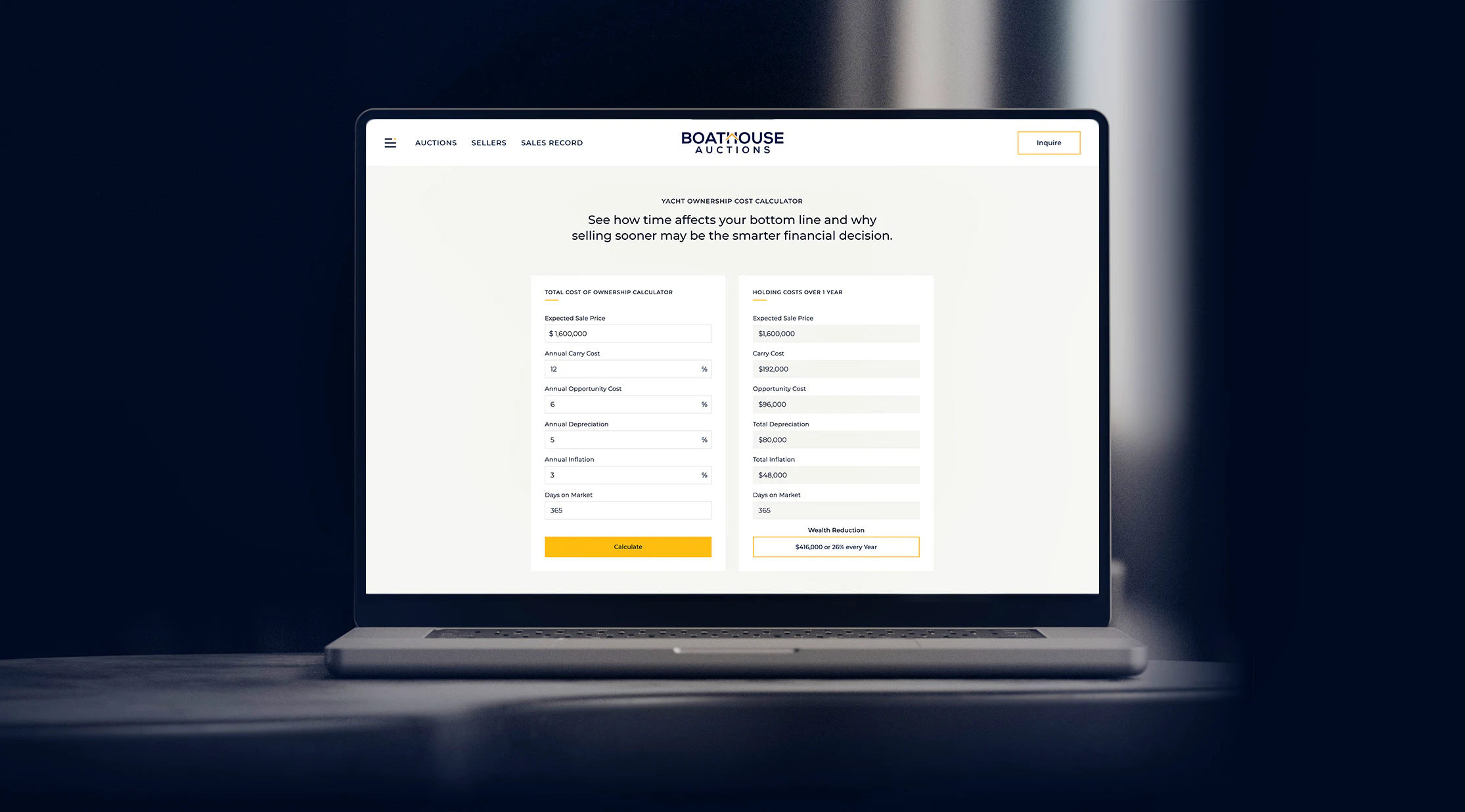 Boathouse Auctions Yacht Ownership Cost Calculator showing how time affects a yacht seller's net return